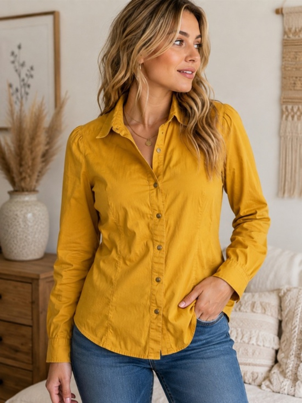 Miss Lili Mustard Yellow Button Front Shirt Blouse Size L Stretch Cotton